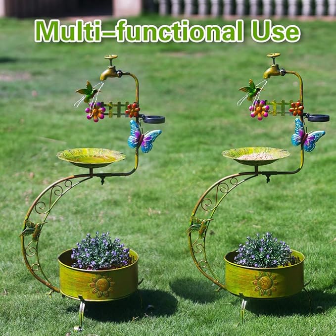 VEWOGARDEN Bird Bath for Outside, Solar Metal Outdoor Standing Birdbath with Flower Planter for Garden, Yard, Patio Decor, Green
