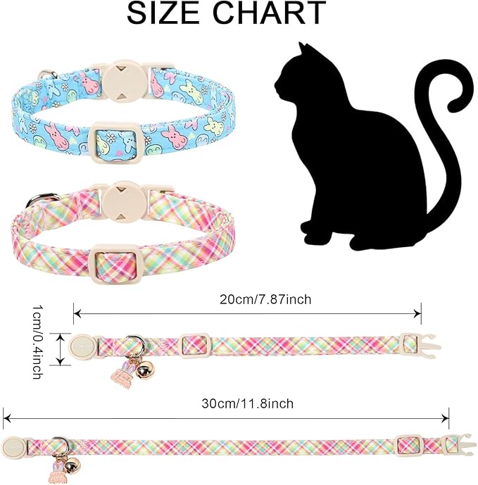DOGWONG 2 Pack Easter Day Cat Collar Breakaway,Safety Adjustable Easter Plaid Rabbit Cat Collars with Bell for Kitten