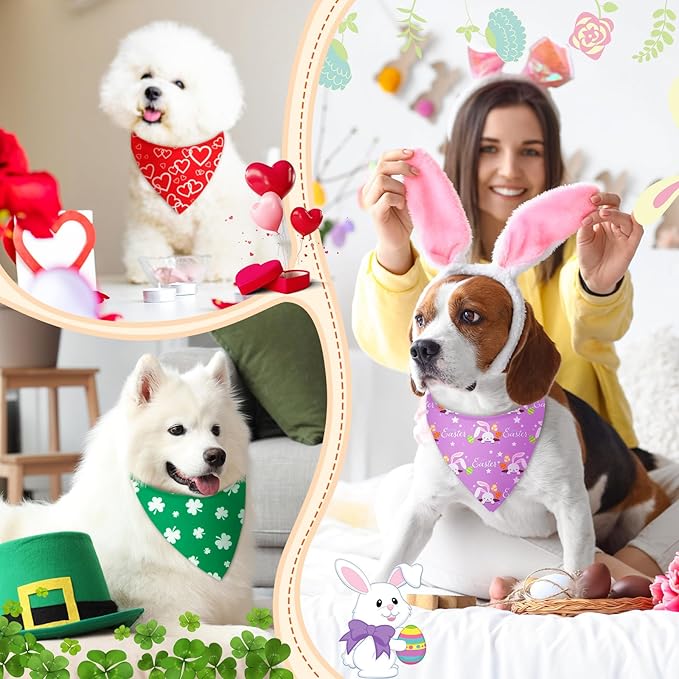 Weewooday 50 Pcs Holiday Dog Bandanas Bulk for Valentine's & St. Patrick's Day, Easter Happy Birthday Summer Soft Bibs Adjustable Triangle Bandana for Small Medium Large (25.6 x 17.7 x 17.7 Inch)