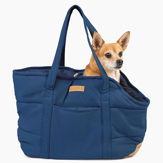 Plush Dog Purse Carrier for Small Dogs, Soft Dog Tote Bag with Safety Harness Clip, Cozy Pet Carrier for Dogs Under 15 lbs, Comfortable Dog Shoulder Carrier for Travel, Dark Blue
