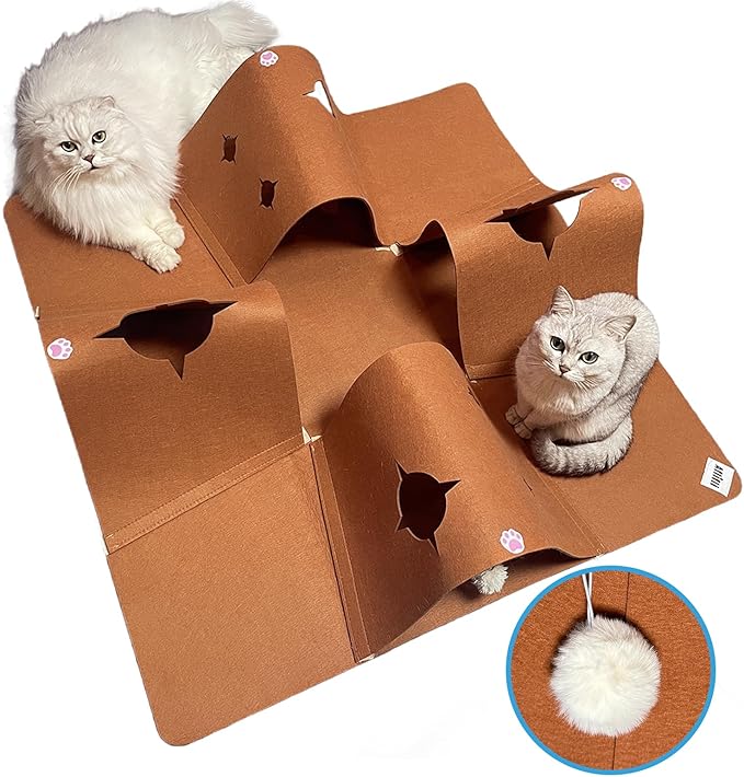 Interactive Cat Tunnel Mat for Indoor Cats, 4-Way Felt Cat Cave with Hanging Ball, Foldable Kitty Play Mat and Hideout, Pet Enrichment Toy for Kittens, Rabbits, Small Pets
