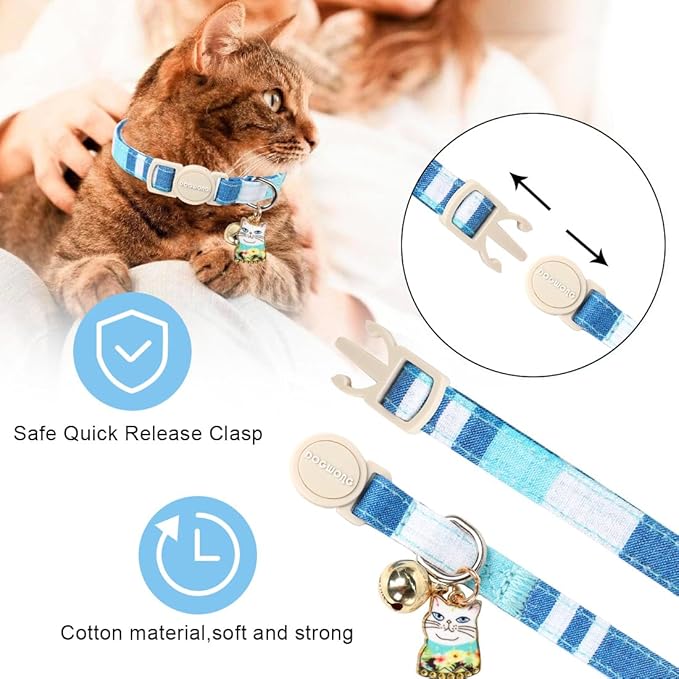 DOGWONG Cat Collar, 2 Blue Plaid Pack, Breakaway with Bell, Safety Buckle, Adjustable 7-12 Inch, Perfect Fit for Cats & Small Dogs