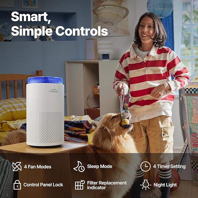 COWAY Air Purifiers for Bedroom Home up to 450 ft², Particulate Filter for Smoke, Allergies, Pet Dander, AQI Monitor, Auto&Sleep Mode, Timer, Filter Indicator, Night Light, 3yr Warranty, 50 White