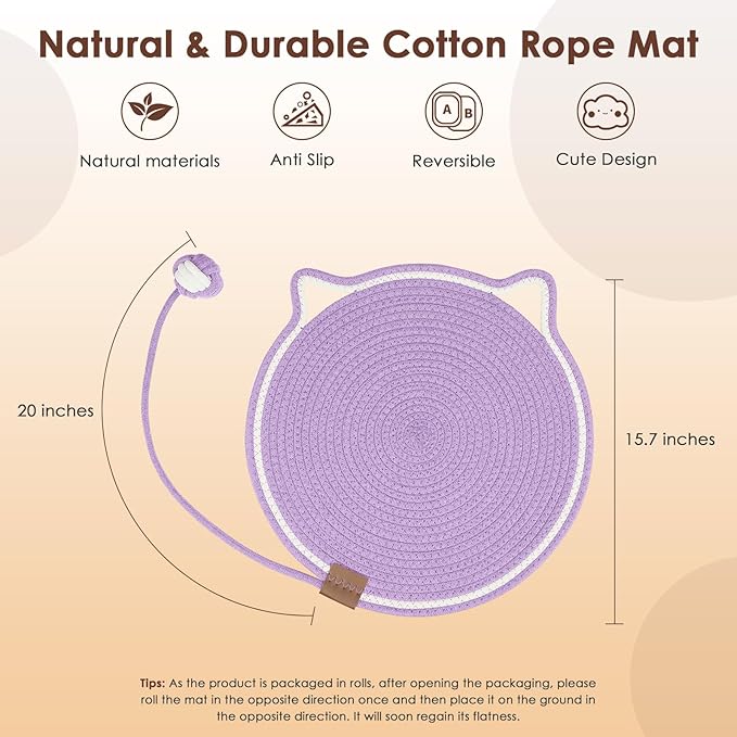 Cat Scratcher Mat, Natural Cotton Rope Cat Scratch Pad, 15.7'' Round Horizontal Floor Cat Scratching Pads for Indoor Cats, Cat Furniture Protector for Wall, Couch, Carpets, Sofas, Purple