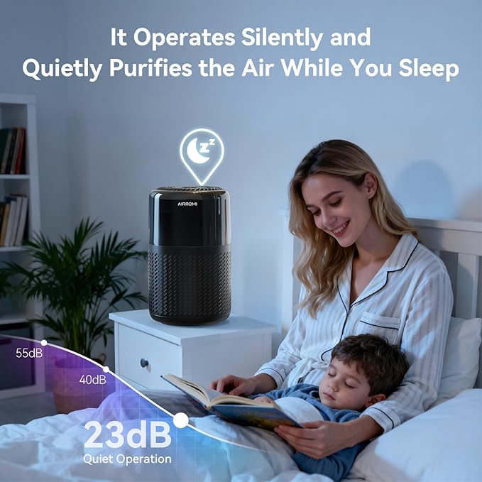 AIRROMI HEPA Air Purifier for Bedroom&Home,Pet Air Purifier for Home Pets,Removes Pet Odor,Cat Litter Smell,Dust,Smoke&Allergies,Quiet Room Air Purifier with Scents,360°Air Cleaner,A2005 Black