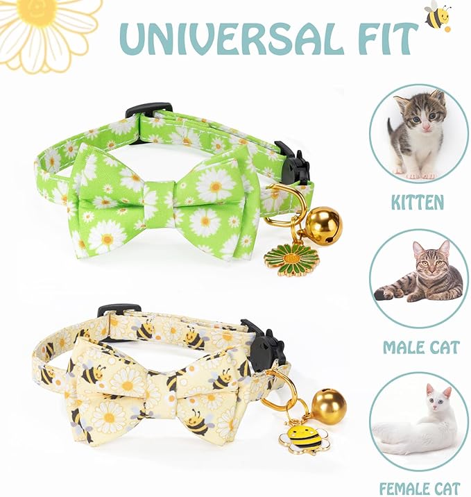 Breakaway Cat Collar with Cute Bow Tie Bell 2Pack Daisy Bee Pattern for Male Female Soft Cotton Kitty Kitten Cute Summer Spring Collar Ideal for Girl Boy Male Cats