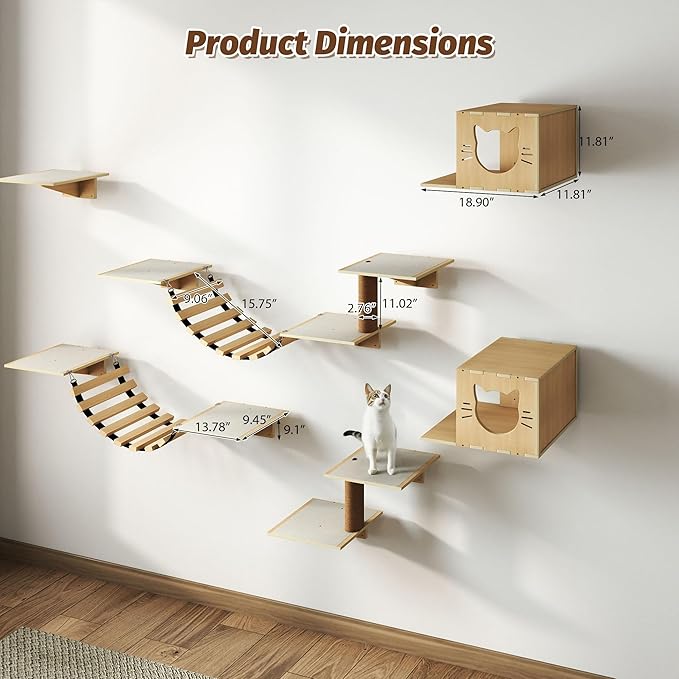12-Pc Cat Wall Shelves, Cat Wall Furniture Set with Cat Bridge & Scratching Post, Large Wall Mounted Cat Tree Activity Center, Cat Climbing Wall for Indoor Cats Sleep & Scratch, Natural Pine