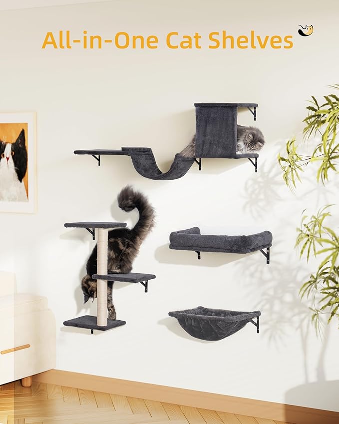 Heavy Duty Cat Wall Shelves for Indoor Cats Large Adult, 17'' Large Hammock and Perch Bed for Wall, 5-in-1 Wall-Mounted Cat Climbing Set for Multi-Room Use