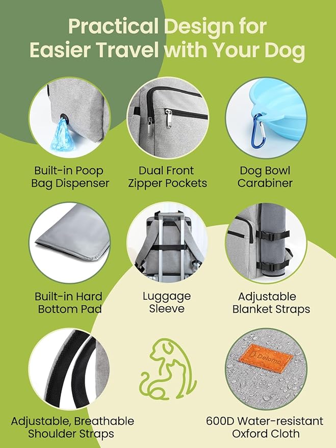 Dog Travel Bag All-in-One Set: DELOMO 25L Airline Approved Dog Travel Backpack with 2 Food Containers + 2 Collapsible Bowls + 1 Waterproof Mat for Weekend to Week-Long Pet Travel, Camping, Road Trips