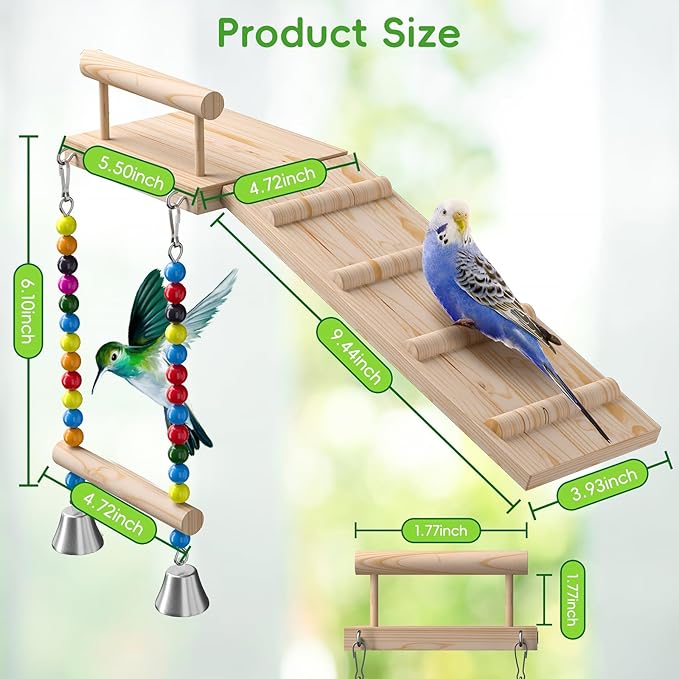 Bird Perches Platform Swing with Climbing Ladder,Bird Wooden Playground,Bird Swing for Green Cheeks, Small Lovebirds, Goldens, Hamsters, Parakeet Cage Accessories