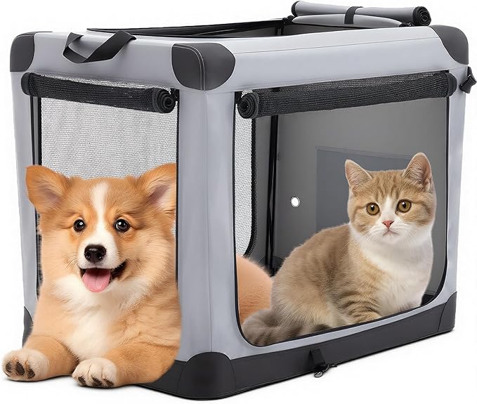 DUMOS Dog Crate 24 Inch Travel Cat Pet Carrier for Small Dog, Portable Foldable Soft Pet Airline Approved Crate with Storage Bag & Washable Pad for Indoor Outdoor Dog Kennel Carrier (S-30lbs, Grey)