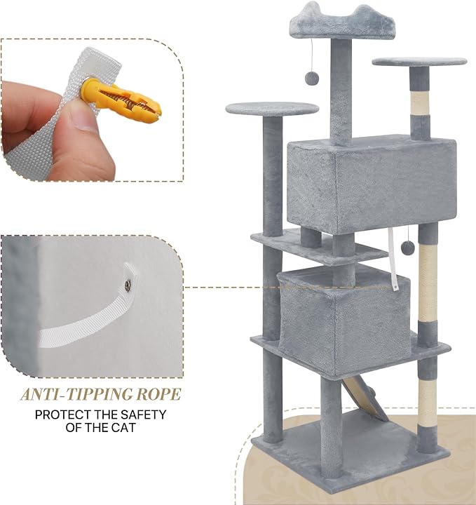 Athena Collection 70 Inch Cat Tree for Indoor Cats, Multi-Level Activity Center With 2 Condos, Scratching Post & Dangling Ball, Tall Climbing Tower, Light Gray