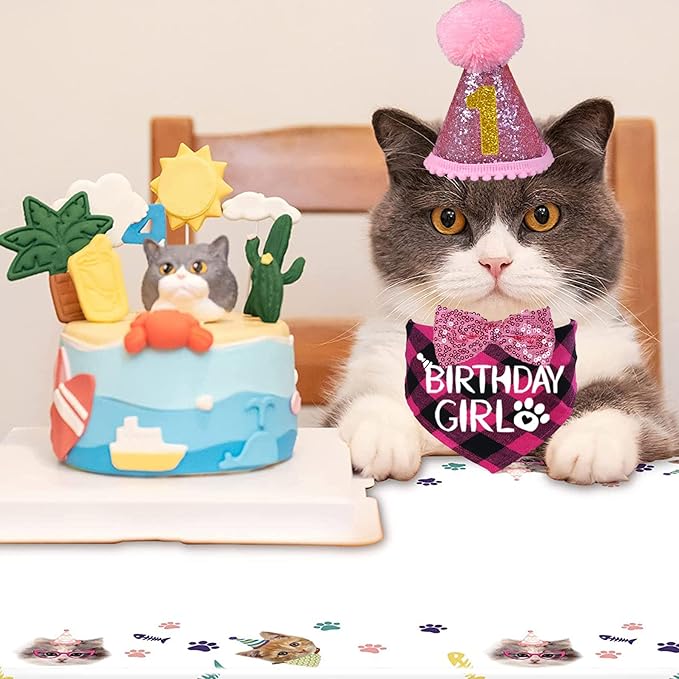 STMK Cat Birthday Decorations, Cat Birthday Hat with Numbers Bandana Bow Tie Collar for Cats Kittens Birthday Outfits (Pink)