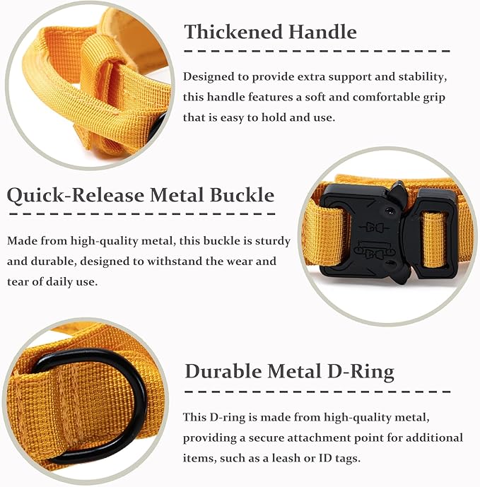 Tactical Dog Collar, Adjustable Military Training Nylon Dog Collar with Control Handle and Heavy Quick-Release Metal Buckle for Small Medium Large Dogs, Yellow M
