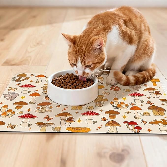 Dog Food Mat for Pet Cat Food Mat, Mushroom Absorbent Quick Dry Dog Bowl Mats for Food and Water, Non-Slip Cat Pet Feeding Mats for Floor Placemats 12"x20"