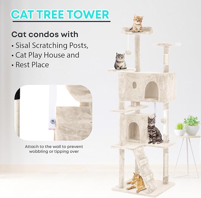 FDW | 70" Cat Tree Tower | Beige | Multi-Level Indoor Activity Center with Sisal Scratching Posts, Condos, Plush Perches, Hanging Cat Toys | Sturdy, Easy to Assemble | for Kittens & Adult Cats