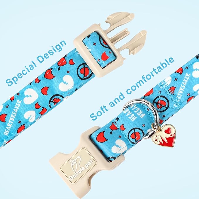Valentines Dog Collar, Blue Heart Dog Collar, Cute Loving Heart Printed Collar with Quick Release Plastic Buckle for Boys&Girls Dogs, Medium