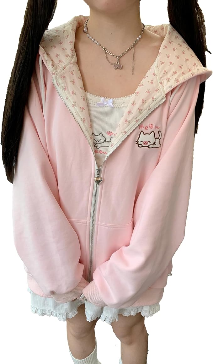 Womens Y2K Zip Up Cute Graphic Hoodies Cat Ears Casual Cartoon Harajuku Kawaii Clothes Oversize Streetwear Jacket
