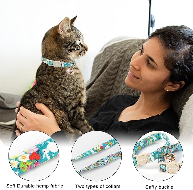 DOGWONG 2 Pack Easter Day Cat Collars, Breakaway with Bell, Adjustable 7-12 Inch, Egg Color, Cotton Material, All Breed Sizes