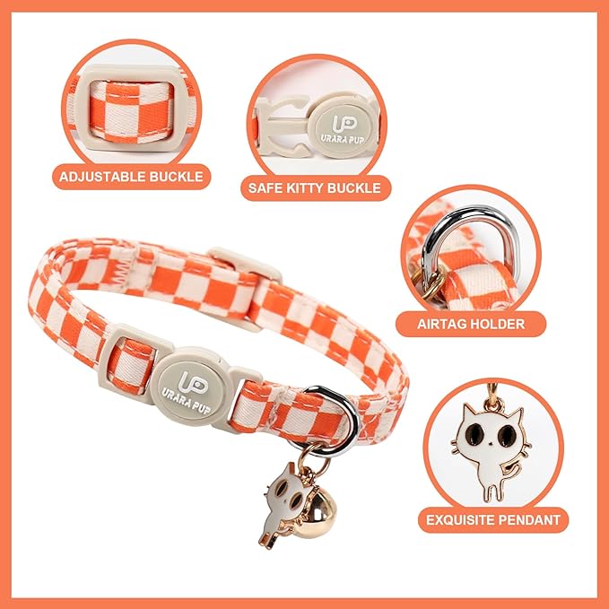 Cat Collar-2Pack Autumn Orange Plaid Kitten Collars-Halloween Plaid Breakaway Kitty Collars-Cute Kitty Pendants,Yellow Orange Grid Cat Collar with Bell, for Girl & Boy Cats