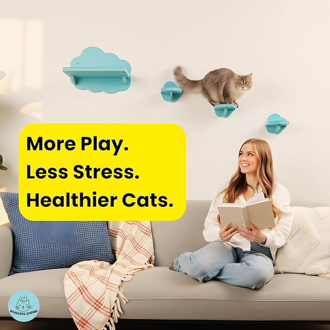 Cat Wall Shelves for Large Cats – 4-Piece Wall Mounted Cat Furniture Set, Floating Climbing Shelves & Stairs, Sturdy 30+ lb Support, Modern Vertical Wall System (Cloud Blue)