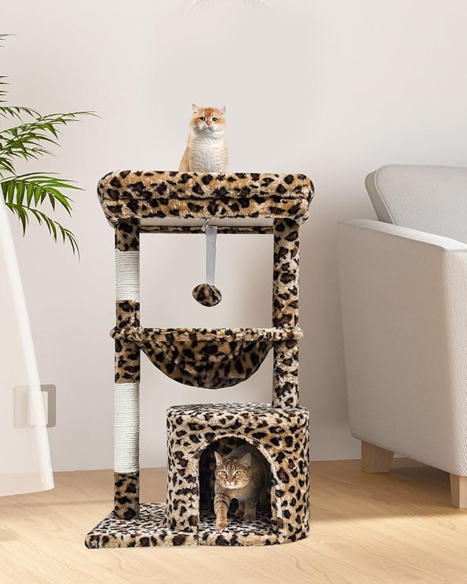 SYANDLVY Small Leopard Print Cat Tree for Indoor Cats, Cat Tower with Scratching Post, Modern Cat House with Padded Perch, Kittens Condo with Cradle, Cat Cave