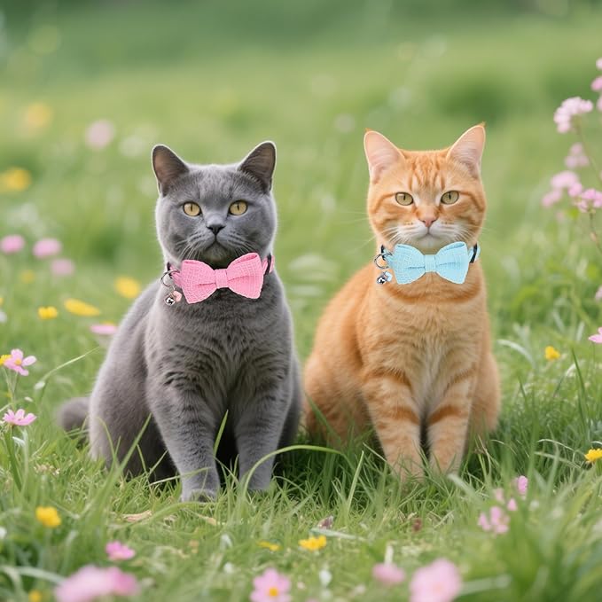 Cat Collar Breakaway with Bells, Soft Cotton Pink Cat Bowtie Collar for Girl Cats, Small Cats Collar with Bow for Spring Summer, 2 Pack Cute Kitten Collars with Removable Bowtie 8-12Inch