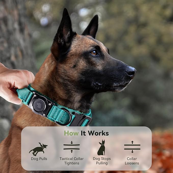 2025 Upgrade Waterproof AirTag Dog Collar, Military Tactical Dog Collar with AirTag Holder, Comfortable Control Handle and Metal Buckle, GPS Dog Collar Holder for Medium to Large Dogs (Blue, XL)