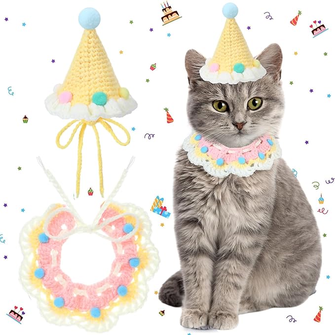 Sanwuta 2 Pcs Cat Birthday Party Supplies, Knit Cat Hat Kitten Birthday Bib Knit Bandana Pet Party Costume Headwear Accessories for Puppy Kitten Small Dogs Animals (Cream Yellow)