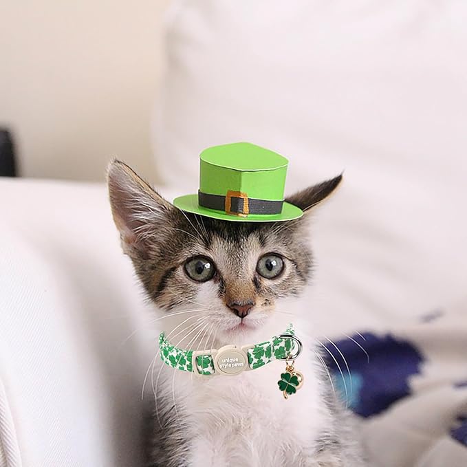 Unique style paws 2 Pack St. Patrick's Day Kitten Collar Breakaway with Bell&Pendant, Adjustable Safety Green Clover Magic Hat Cat Cotton Collar for Girl Boy Cat and Small Pet
