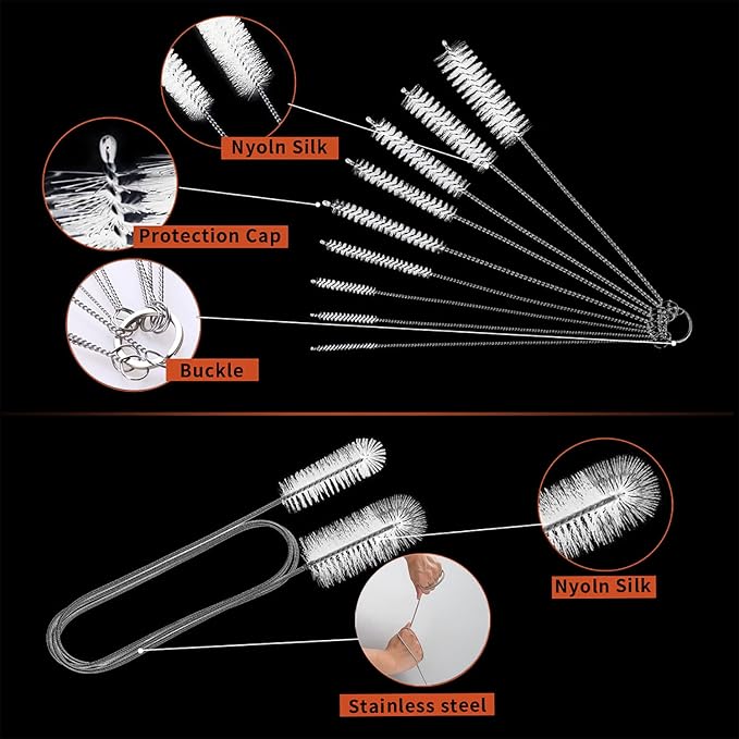 10 Pcs Flexible Drain Brush Straw Cleaner Brush Set,Pipe Cleaners Brush,61Inch Stainless Steel Double-Ended Hose Brush 8.2Inch Nylon Long CPAP Tube Cleaning Brush for Home Kitchen Sink Plumbing(White)