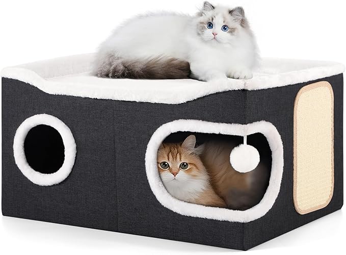 Cat Beds for Indoor Cats, Extra Wide Cat Cube House for Multi Cats, Foldable Cat Cave Hideaway with Arc-Edge Design & Oval Door, Double-Side Soft Cushion for All Seasons, 24"L x 17.7"D x 12.6"H, Black
