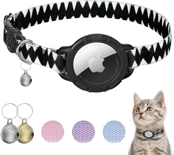 AirTag Cat Collars, Stretchy Collar with Apple AirTag Holder and Bell, Breakaway Ultra Design Elastic GPS Tracking Collars for Cats and Puppies, (7.5-12.5 Inch), Shark Pattern