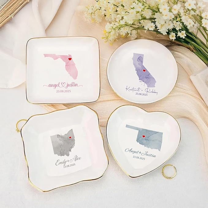 Custom State Location Map Engaged Ring Dish, Ring Holder Dish Engagement Gift, Jewelry Tray Gifts for Newly Engaged Couple, Trinket Dish for Her Bride Wife Bestie