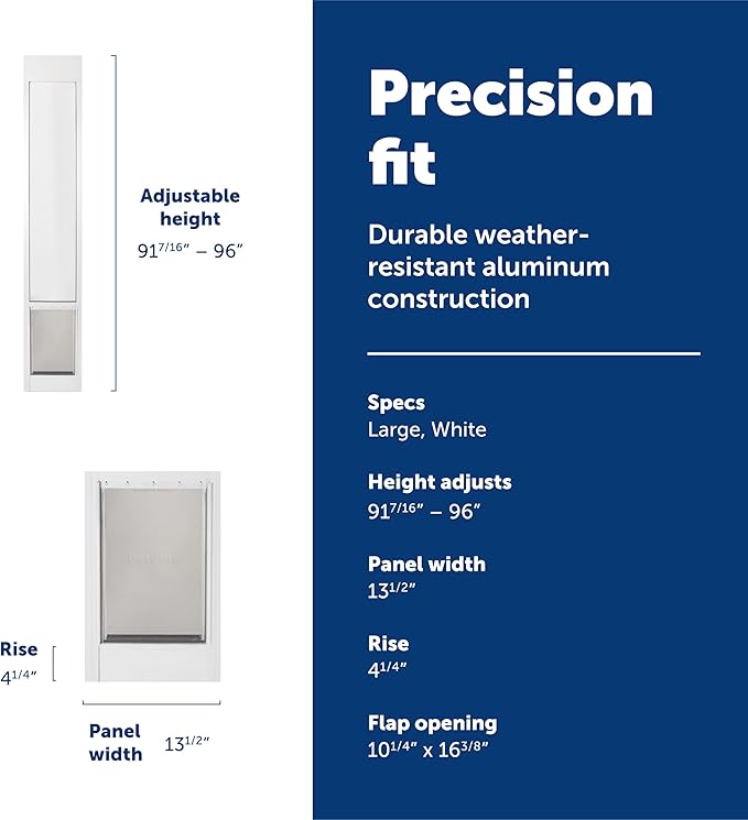 PetSafe Sliding Glass Pet Door - No-Cut DIY Install Doggy Door for Renters - Aluminum Frame - Adjustable Height 91 7/16" to 96" - Ideal for Large Dogs Up to 100 lb - White