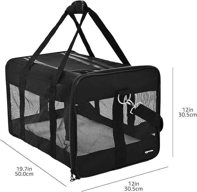 Amazon Basics Airline Approved Soft-Sided Mesh Pet Travel Carrier with Shoulder Strap, Removable Washable Fleece Pad, Top Opening, Ventilation for Dog, Cat, up to 22 pounds, 19.7Lx12Wx12H in., Black