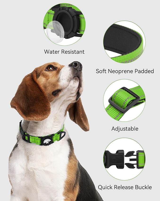 Joytale Airtag Dog Collar, Reflective Pet Collar with Waterproof AirTag Holder, Dual D-Rings, Soft Padded Adjustable for Extra Small and Puppy Dogs, Green, XS