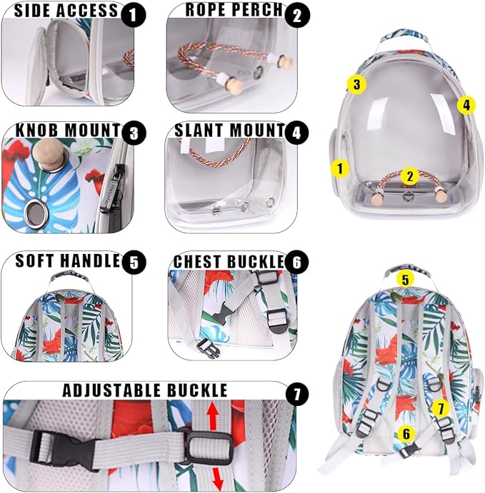 Bird Traval Carrier Cage, Clear Space Capsule Astronaut Backpack to Carry Parakeet Cockatiel Parrot with Metal Tray Wooden Perch and Bird Feeder, Vet Transport Book Bag Floral Printed