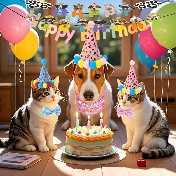 Happy Birthday Dog Party Supplies Kit - Dog Party Hat, Bandana, Bowtie & Happy Birthday Banner Decorations for Small Dogs, Puppy Birthday Outfit Accessories & Pet Birthday Party Decor (Pink)