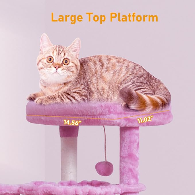 KIYUMI Cat Tree Cat Tower Condo with Sisal Scratching Post for Indoor Cats Cat Tree Cat Furniture with Hammock Perch and Kitten Ball Toys, Multi-Level Pet Activity Center Pink