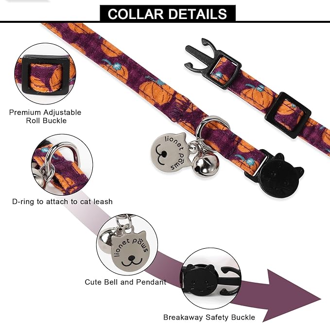 Lionet Paws 2pcs Pack Cotton Cat Collar,Breakaway Buckle with Purple Pumpkin, Red Leave and Brand Pendant Cute Adjustable Cat Kitten Collar,Ideal for Girl Cats Boy Cats