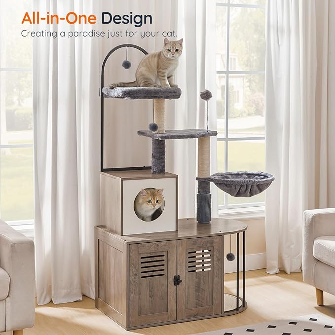 HOOBRO Cat Tree with Litter Box Enclosure, Arched All-in-One 31.5" Cat Tower with Hidden Litter Box Furniture for Indoor Cats, Versatile Cat Condo with Sisal Posts, Hammock, Greige and Gray BG45MZ03