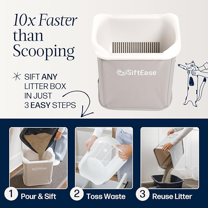 Cat Litter Sifter - SiftEase Litter Box Sifting, Fast Scoop Free Cleaning, Large Sift with Bin for Longer Lasting Litter, Easy Clean Sifting Litter Box Cleaner (Light Grey)