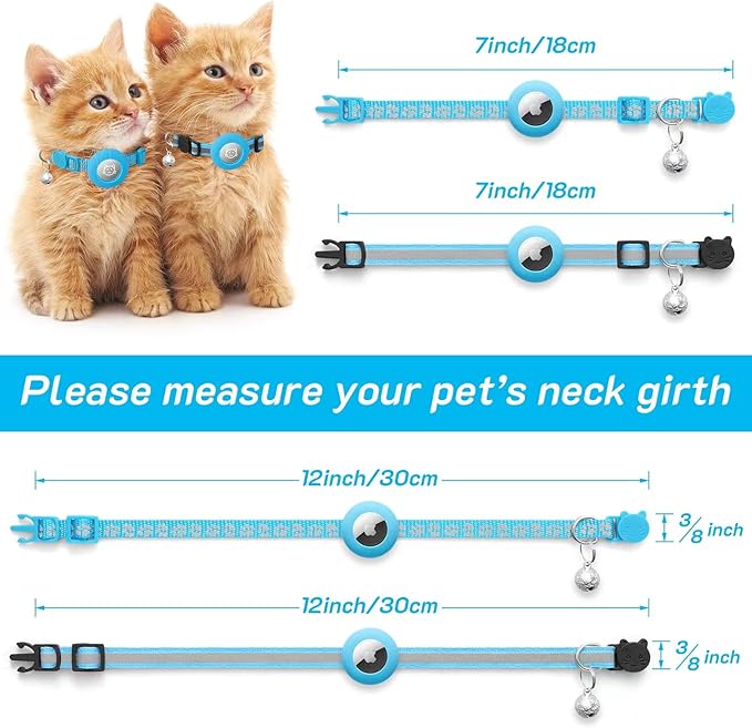 2 Pack Airtag Cat Collar Breakaway with Bell,Reflective Kitten Collar with Apple Airtag Cat Collar Holder,Adjustable 7-12In,Safety Buckle for Girl Boy Cats,Pet Supplies,Accessories,Gifts (Blue)
