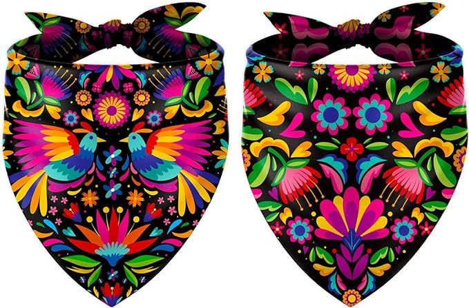 Whaline 2Pcs Mexican Dog Bandana Cinco De Mayo Fiesta Cotton Pet Scarf Double-Sided Adjustable Black Floral Pet Neckerchief for Small Medium Large Cat Dog Carnival Accessories