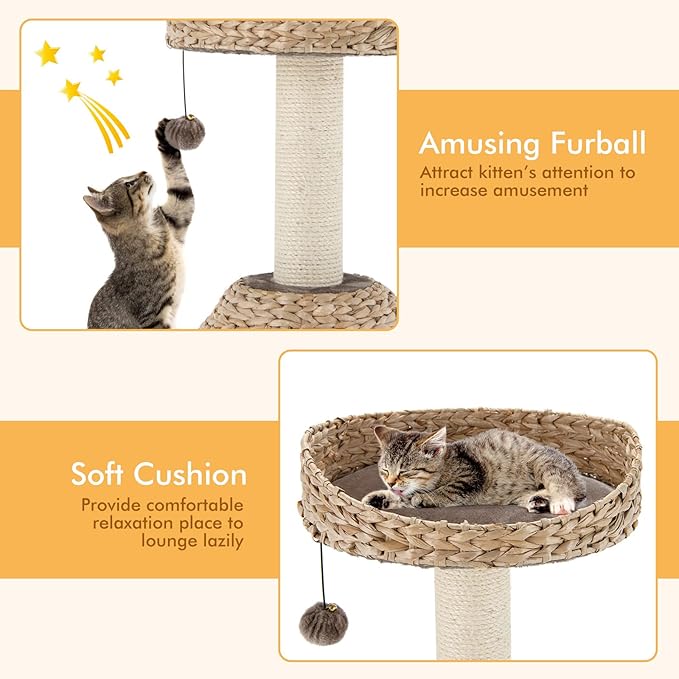 PETSITE Modern Cat Tree Tower, Paper Rope Natural Bowl Shaped with Perch, Scratching Post, Rattan Cat Activity Tree for Kittens, 28" Tall