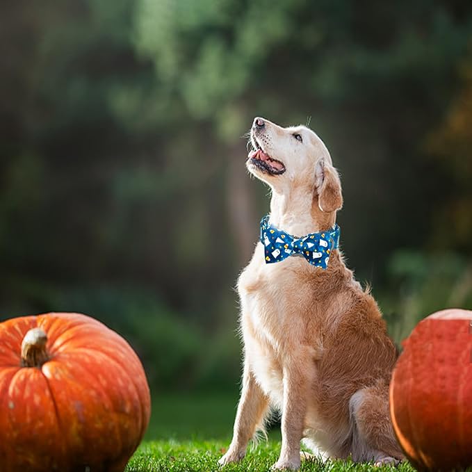 Halloween Dog Collar, Ghost Print Adjustable Pet Collar Blue Cute Cotton Soft Collars with Bow Tie Fall Metal Buckle Holiday Puppy Collars Boy&Girl Gift for Small Dogs