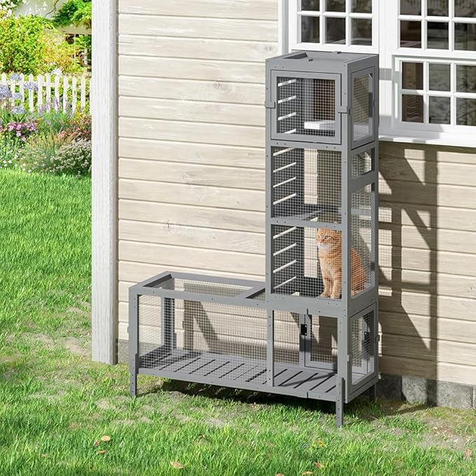 COZIWOW Wooden Cat Play Tunnel with Platforms | Configurable Window Catio | Multi-Combination Extendable Cat Run for Indoor/Outdoor Use | Small Pet Play Enclosure