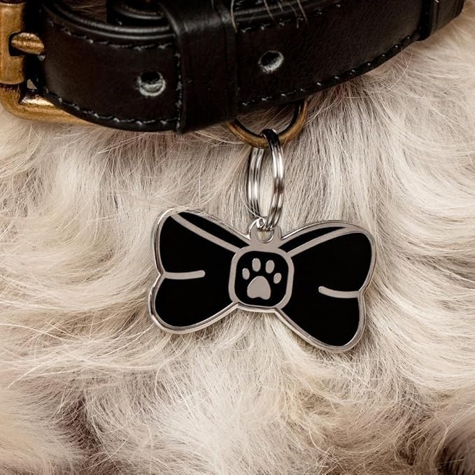 Two Tails Bowtie Pet ID Tag, Personalized Dog Name Tag with Custom Engraving, Stylish Collar Charm for Dogs & Puppies, Durable Brass with Silver Plating, Cute Pet Accessory for Collars & Harnesses
