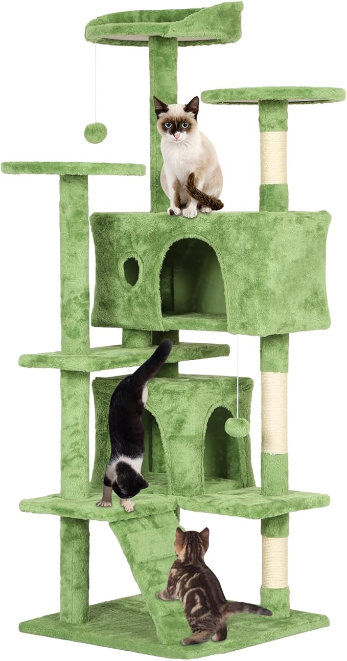 54in Cat Tree Cat Climbing Tower with Scratching Post, Cats House Perch Kitten Tree Condo Wood Playhouse, Pet Trees Tower for Indoor Cats, Green